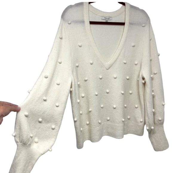 Madewell Dashwood Ivory Bobble V Neck Puff Sleeve Wool Blend Sweater - Picture 10 of 13